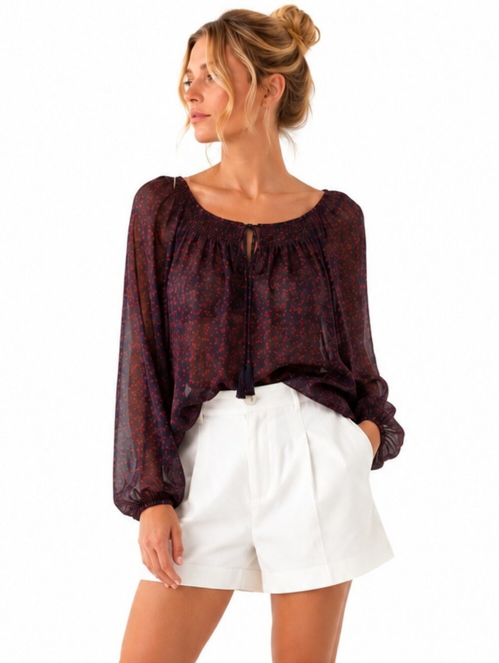 St. John's Bay XL Burgundy Floral Chiffon Peasant Top Boho Tassel Tie